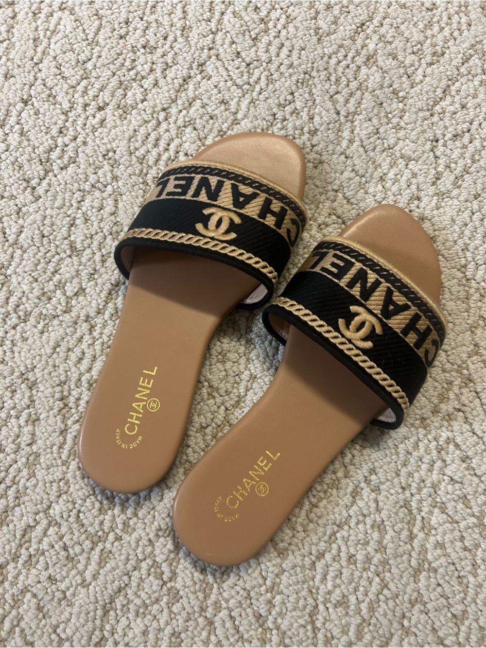 CHANEL Tan Leather Slide Sandals with Black Fabric Straps & Gold Logo